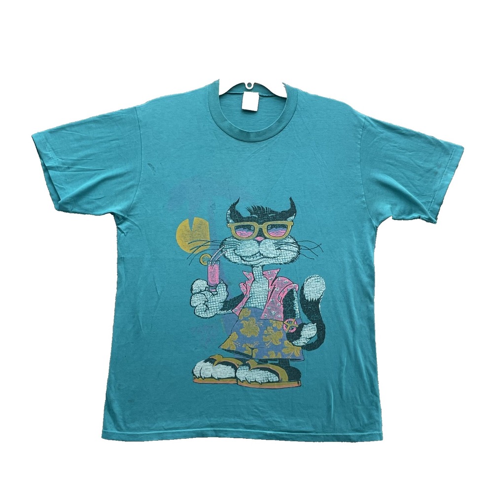 Vintage Jerzees Tee Men Large Surf Skate Cat 80s Academia Preppy Coast Retro USA